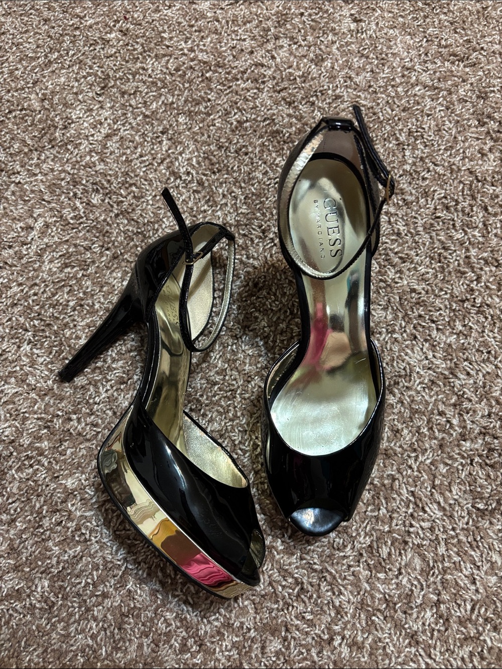 GUESS Black Patent Peep-Toe Ankle-Strap Platform Heels